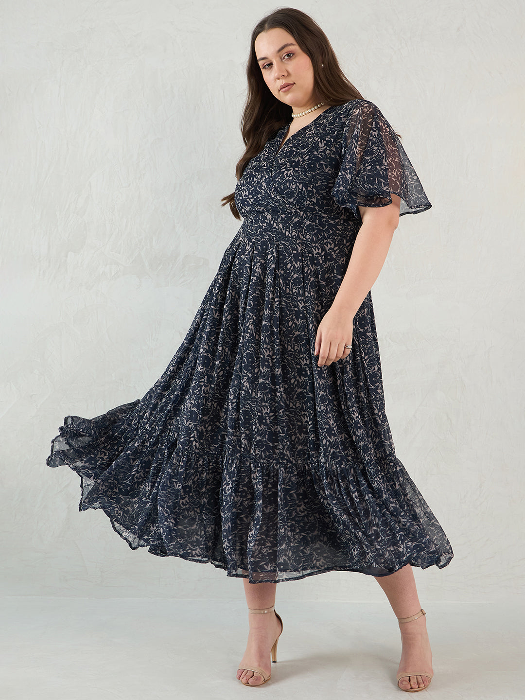 Navy Floral Print Wrap Maxi Dress