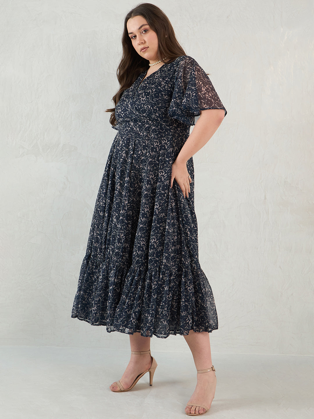 Navy Floral Print Wrap Maxi Dress