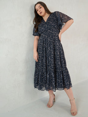 Navy Floral Print Wrap Maxi Dress