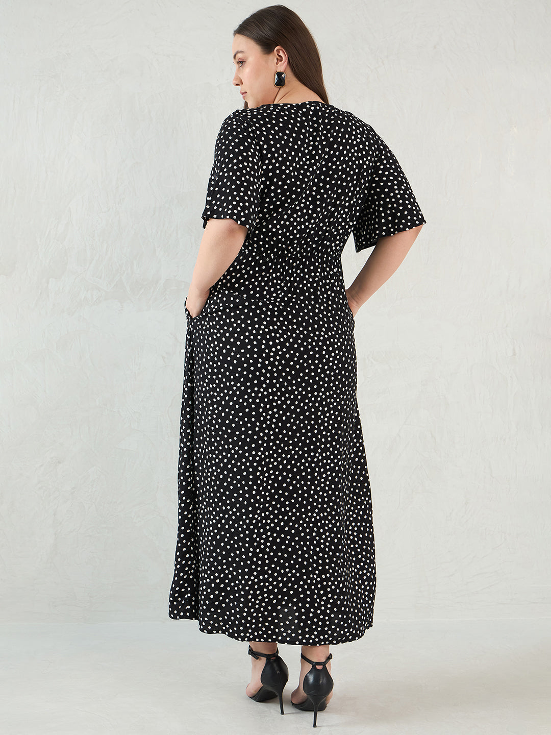 Black Polka Dot Ruffle Detail Maxi Dress