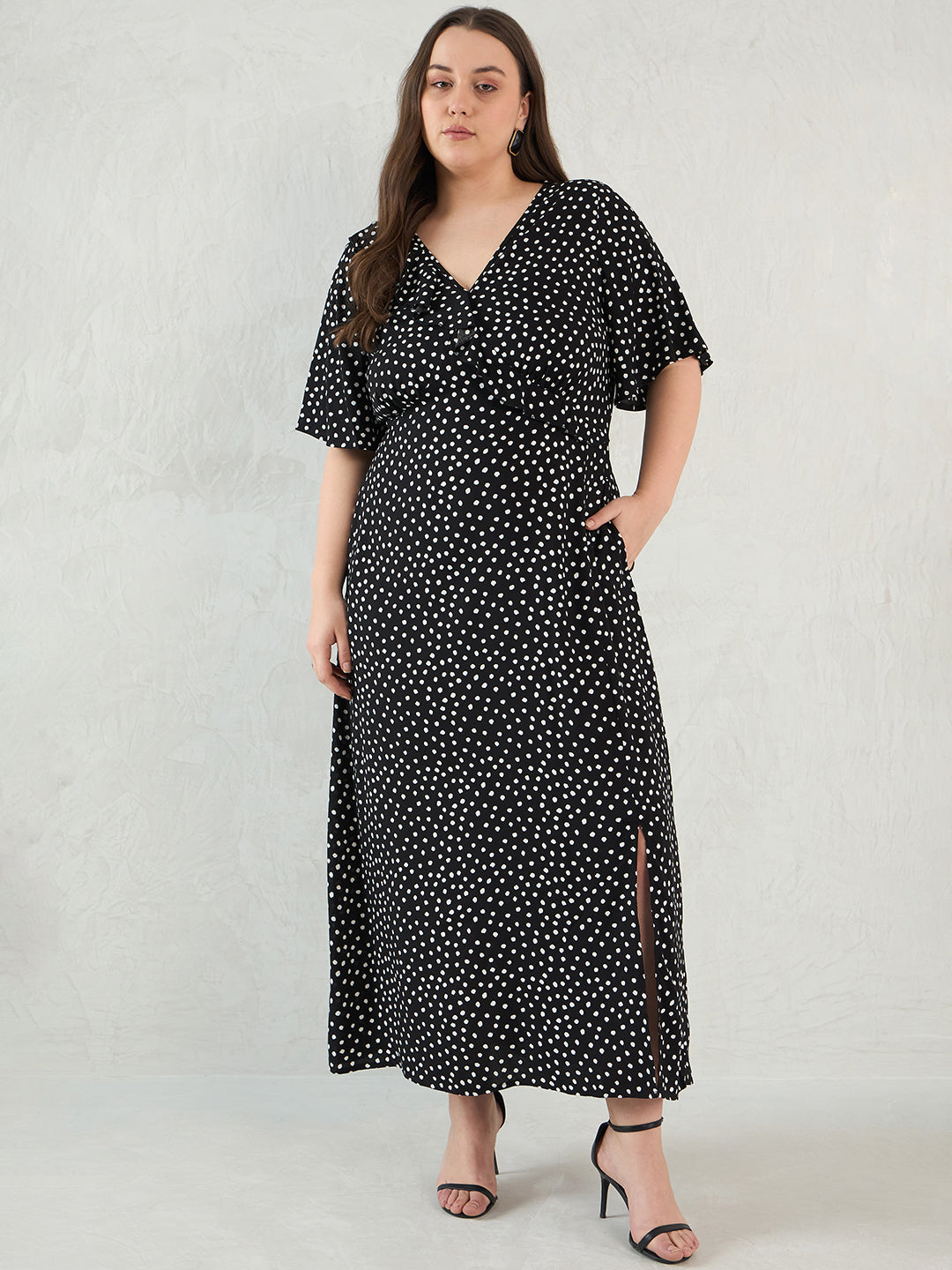 Black Polka Dot Ruffle Detail Maxi Dress