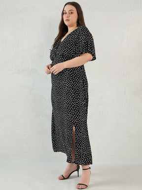 Black Polka Dot Ruffle Detail Maxi Dress