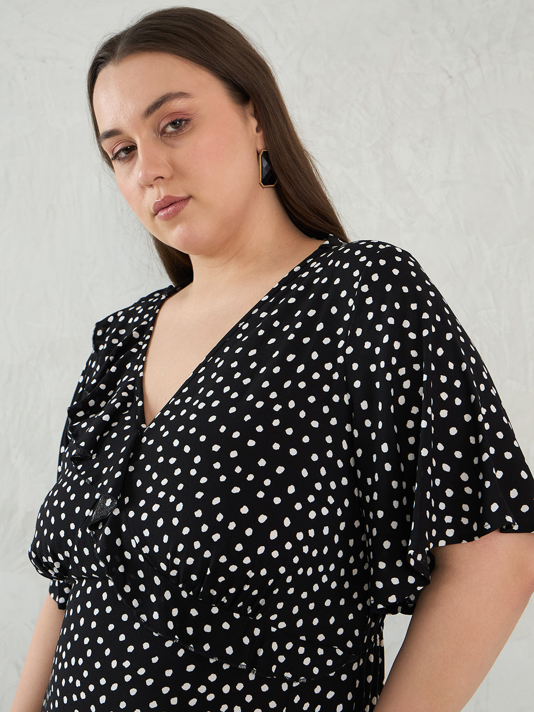 Black Polka Dot Ruffle Detail Maxi Dress