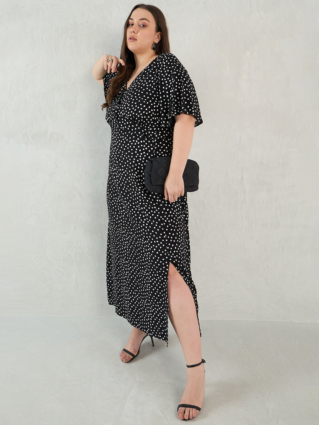 Black Polka Dot Ruffle Detail Maxi Dress