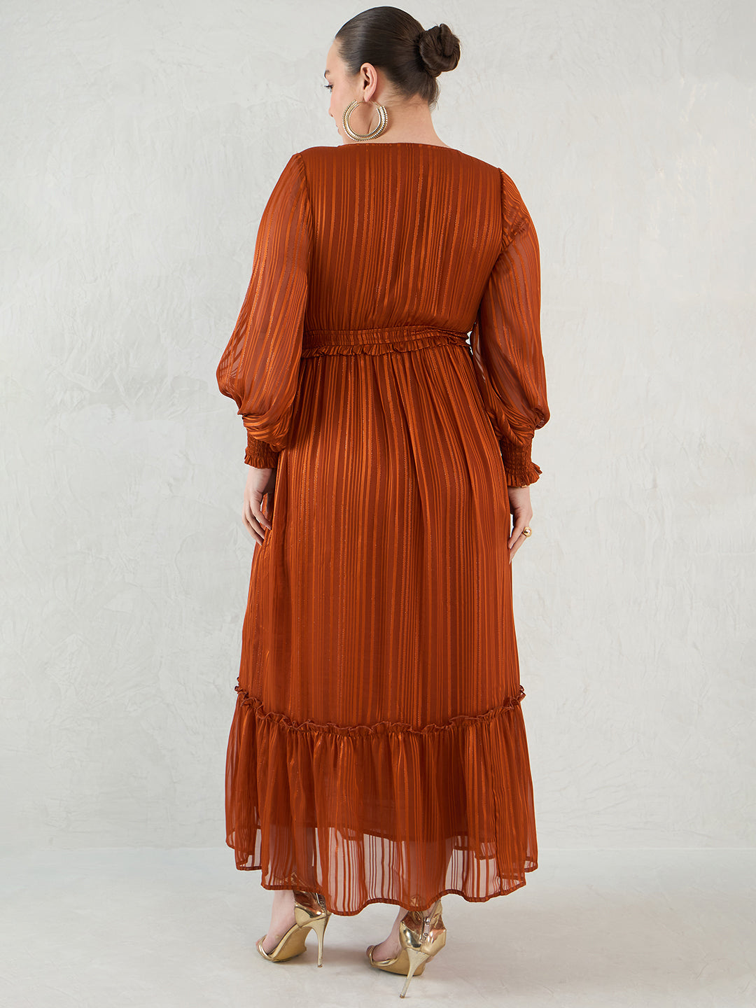 Rust Lurex Tiered Maxi Dress