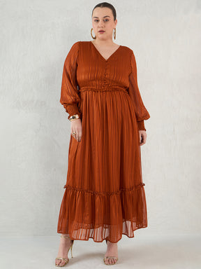 Rust Lurex Tiered Maxi Dress