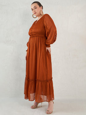 Rust Lurex Tiered Maxi Dress