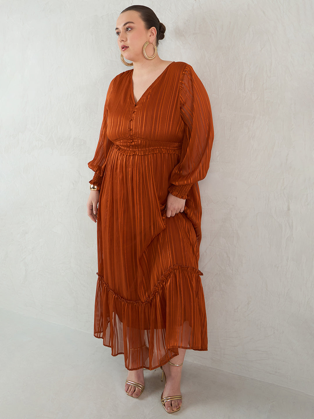 Rust Lurex Tiered Maxi Dress