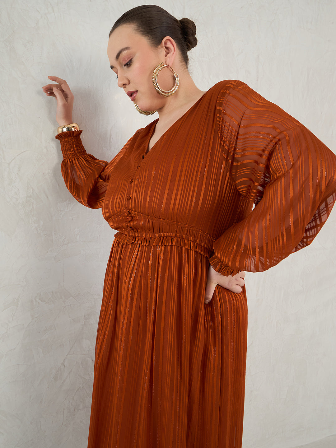 Rust Lurex Tiered Maxi Dress