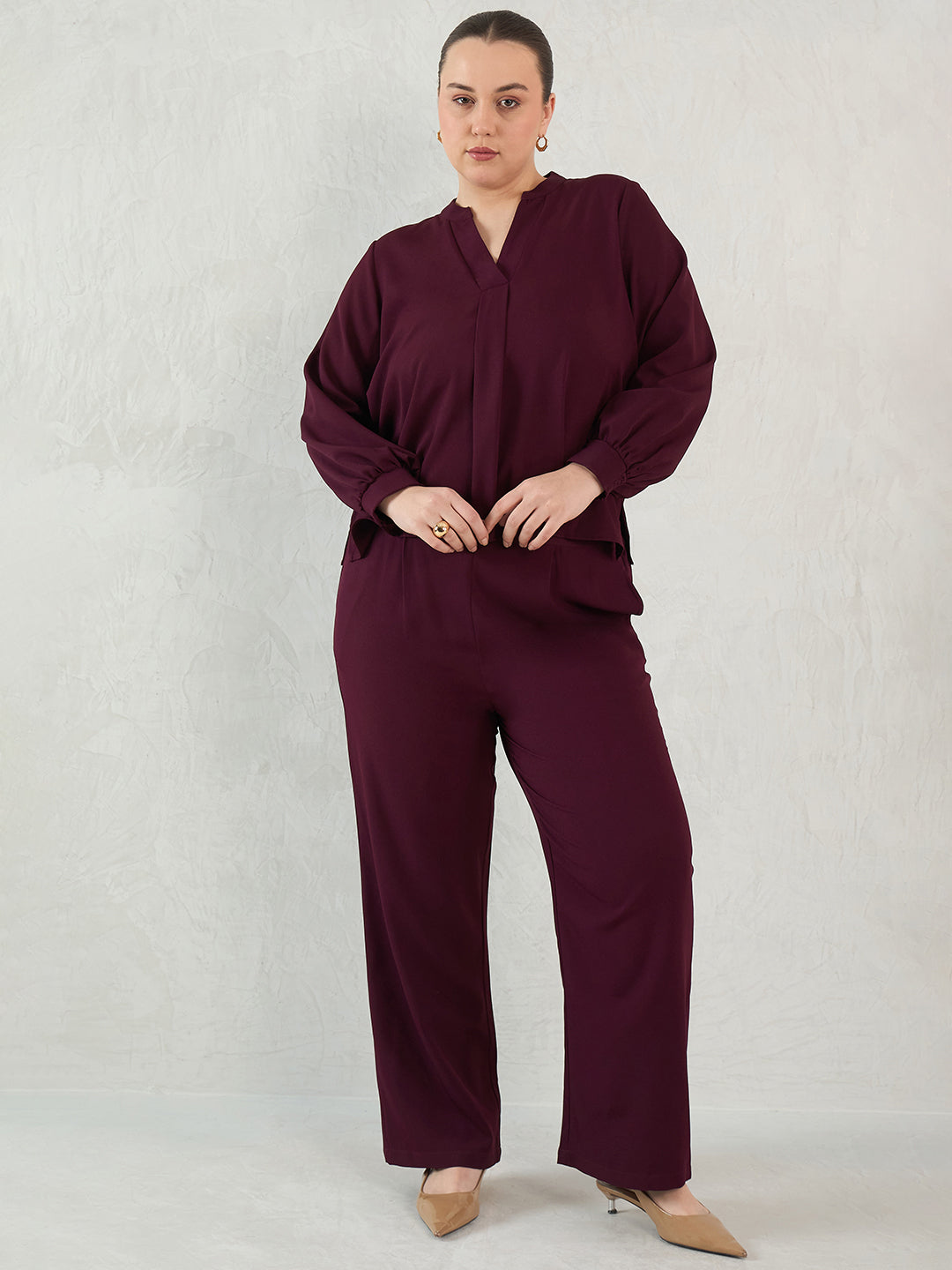 Wine V-Neck Co-Ord Set