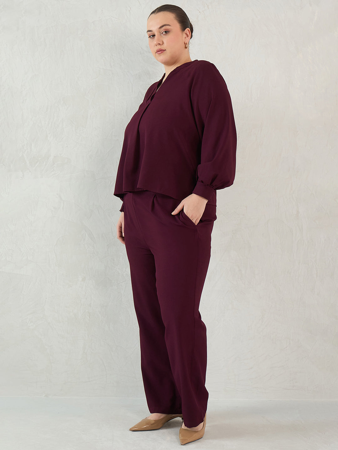 Wine V-Neck Co-Ord Set