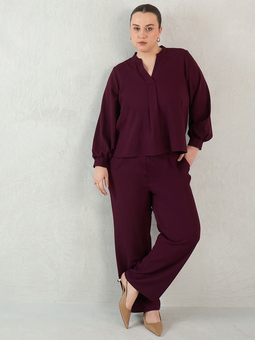 Wine V-Neck Co-Ord Set