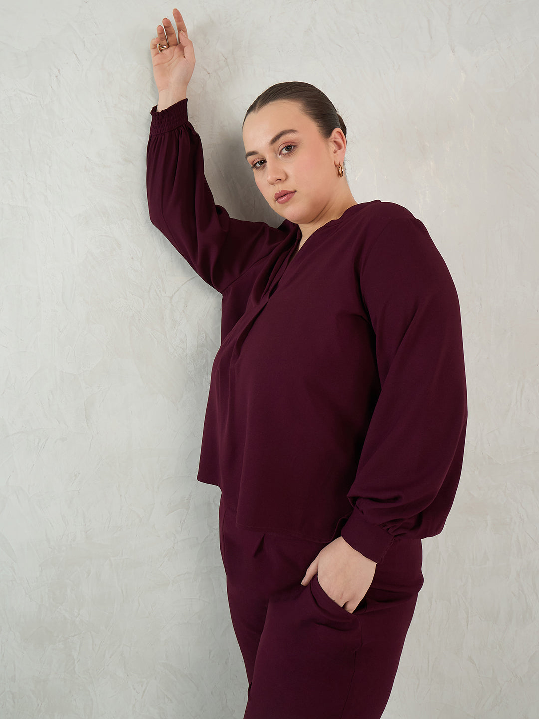 Wine V-Neck Co-Ord Set