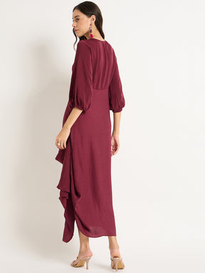 Wine Satin Front Twisted Maxi Dress