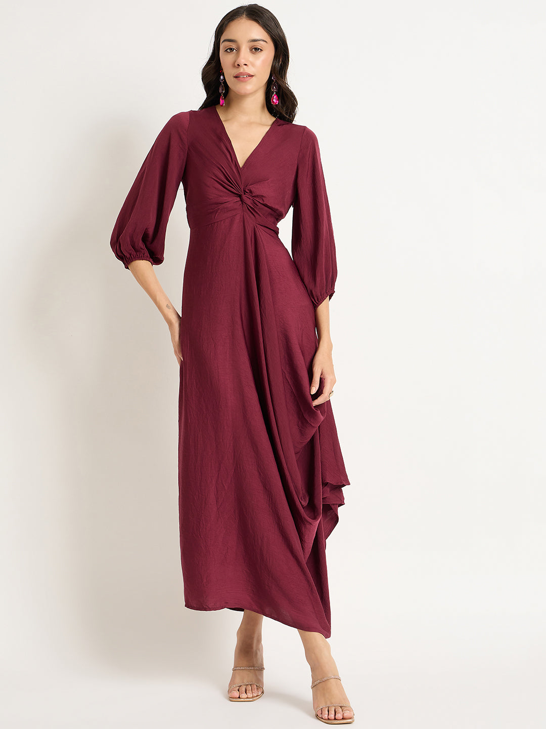 Wine Satin Front Twisted Maxi Dress