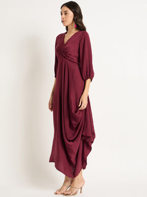 Wine Satin Front Twisted Maxi Dress