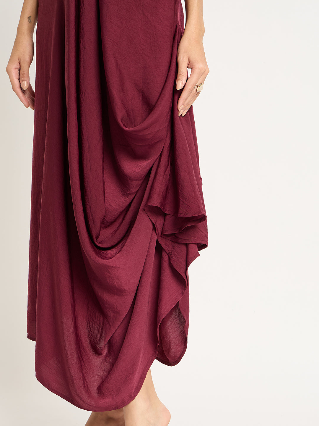 Wine Satin Front Twisted Maxi Dress