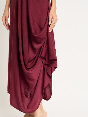 Wine Satin Front Twisted Maxi Dress