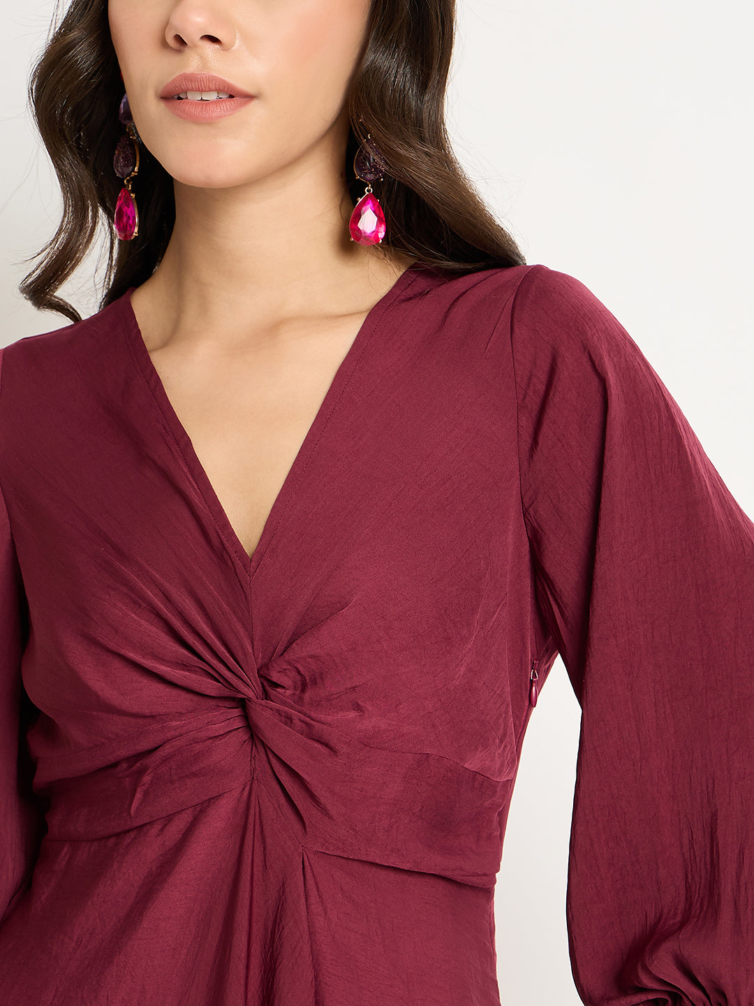 Wine Satin Front Twisted Maxi Dress