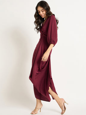 Wine Satin Front Twisted Maxi Dress