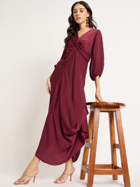 Wine Satin Front Twisted Maxi Dress