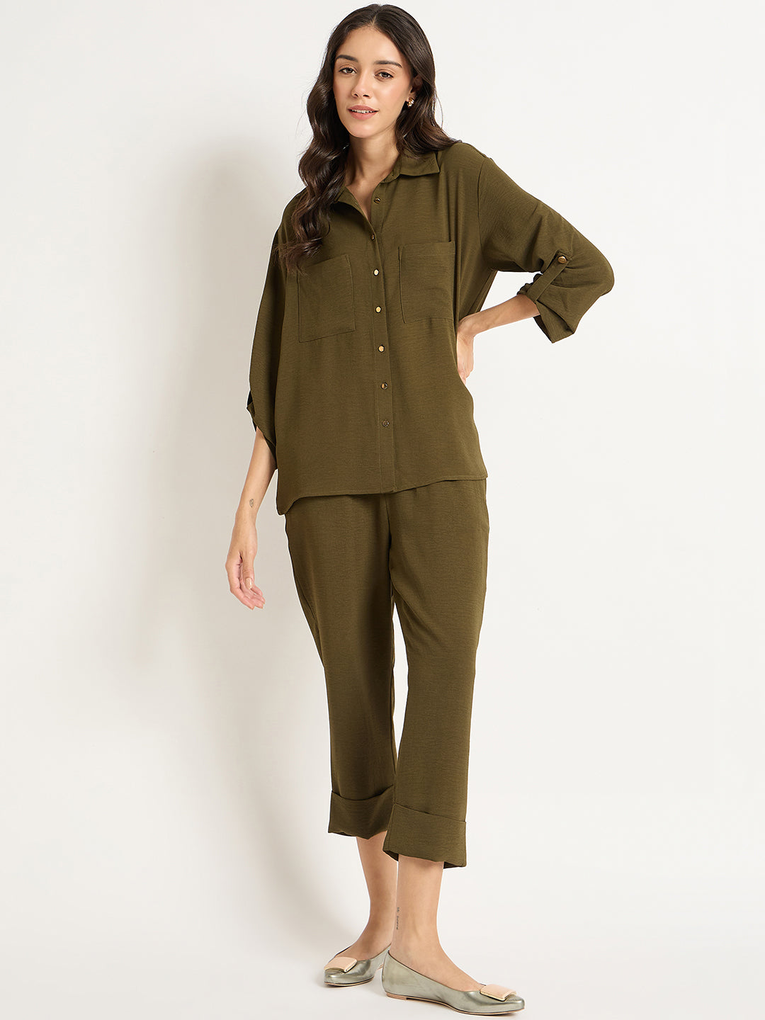 Olive Dual Pocket Shirt Co-Ord Set