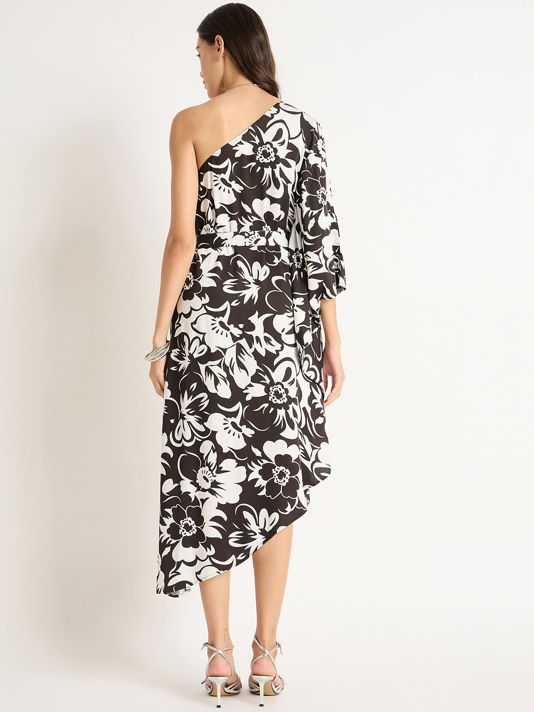 Black And White Floral One Shoulder Asymmetrical Dress