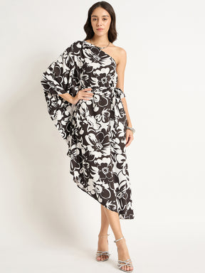 Black And White Floral One Shoulder Asymmetrical Dress