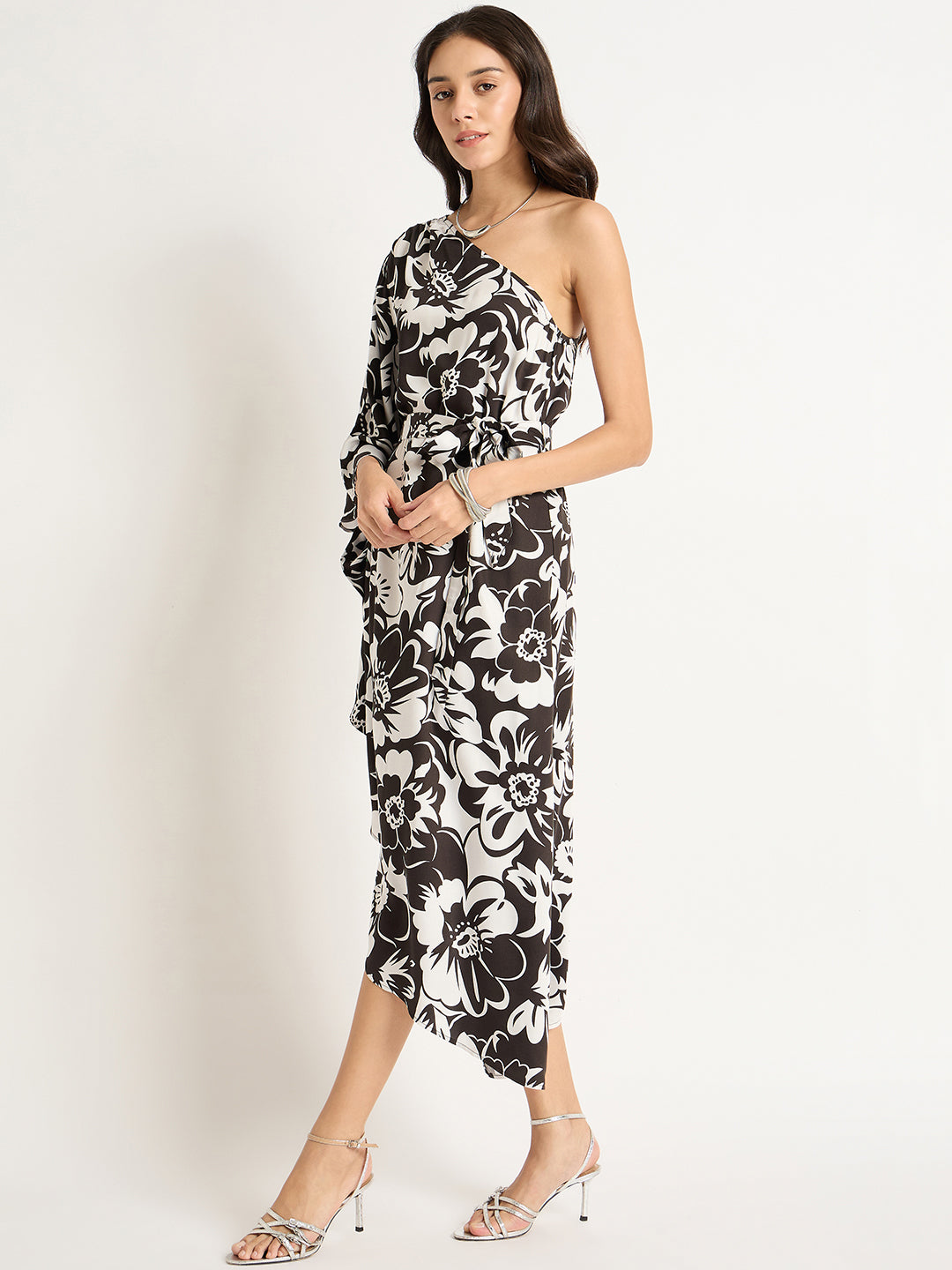 Black And White Floral One Shoulder Asymmetrical Dress