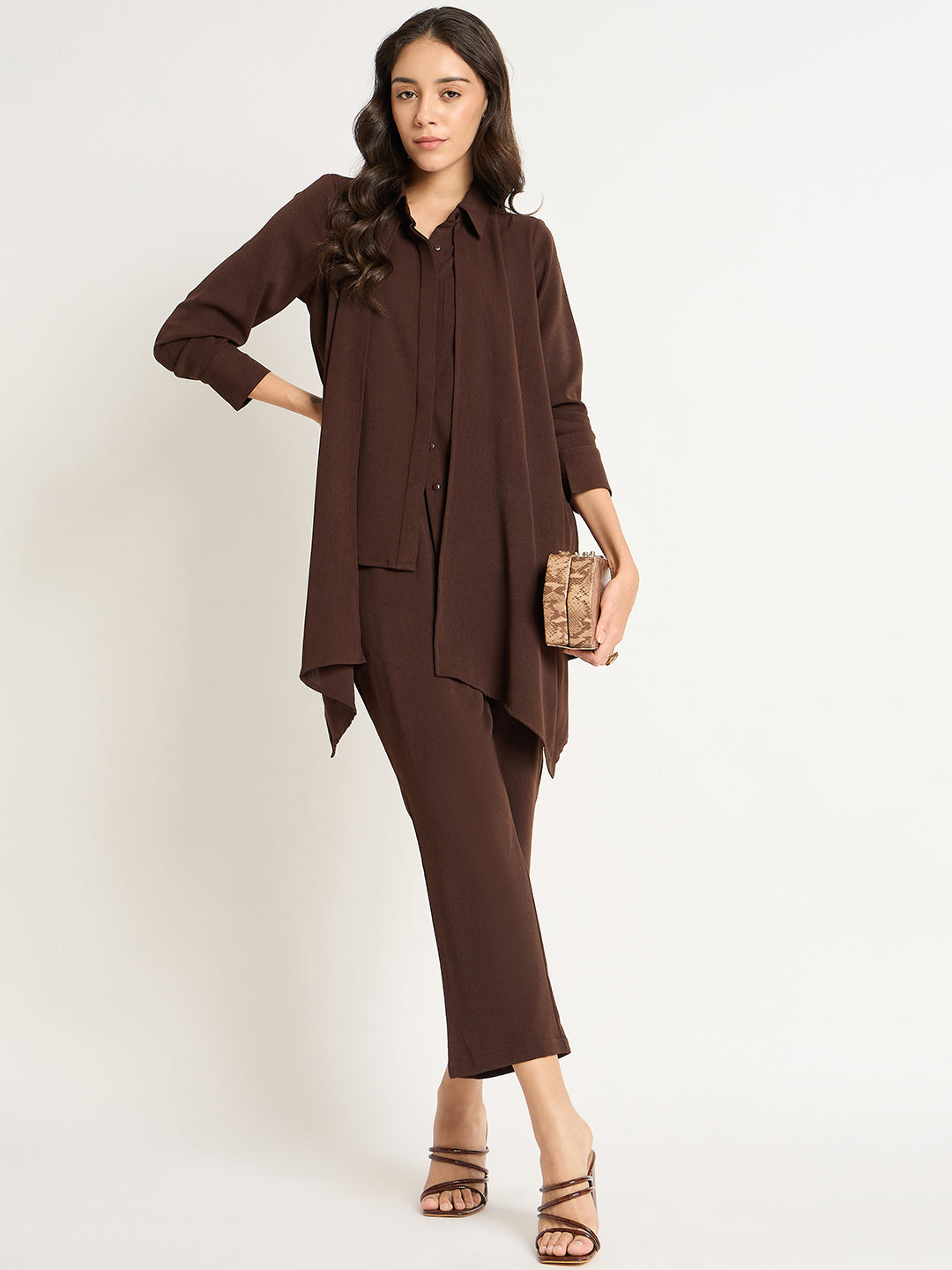 Coffee Brown Crinkle Asymmetric Co-Ord Set