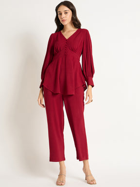 Deep Red Crinkle V-Neck Co-Ord Set