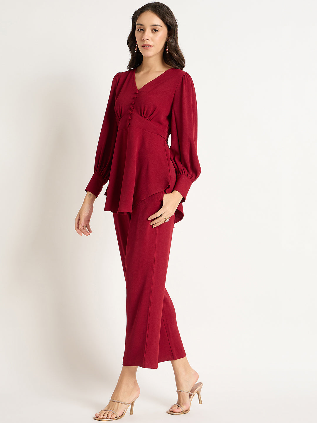 Deep Red Crinkle V-Neck Co-Ord Set