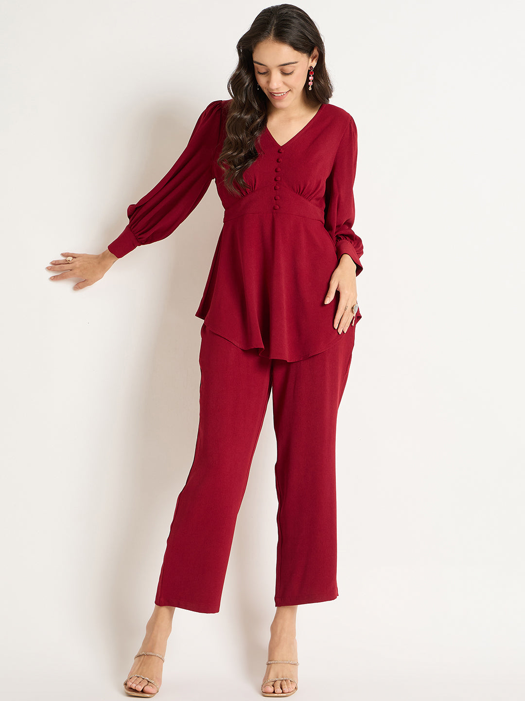 Deep Red Crinkle V-Neck Co-Ord Set