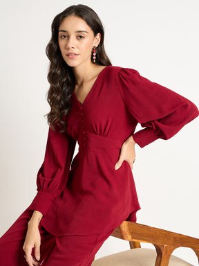 Deep Red Crinkle V-Neck Co-Ord Set