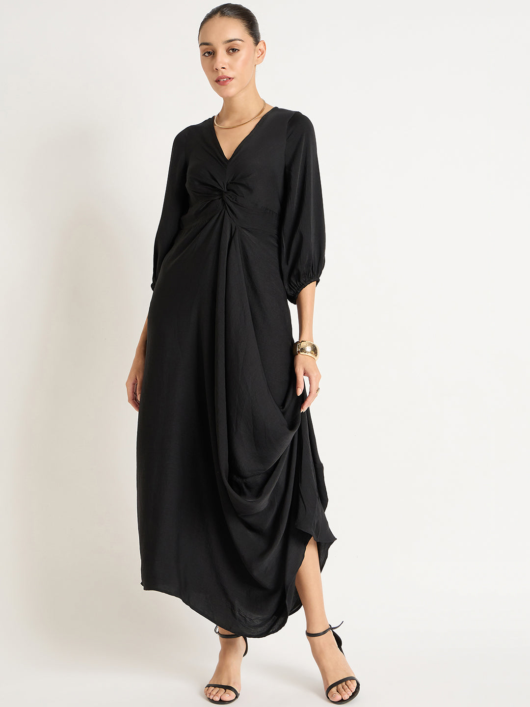 Black Satin Front Twisted Maxi Dress