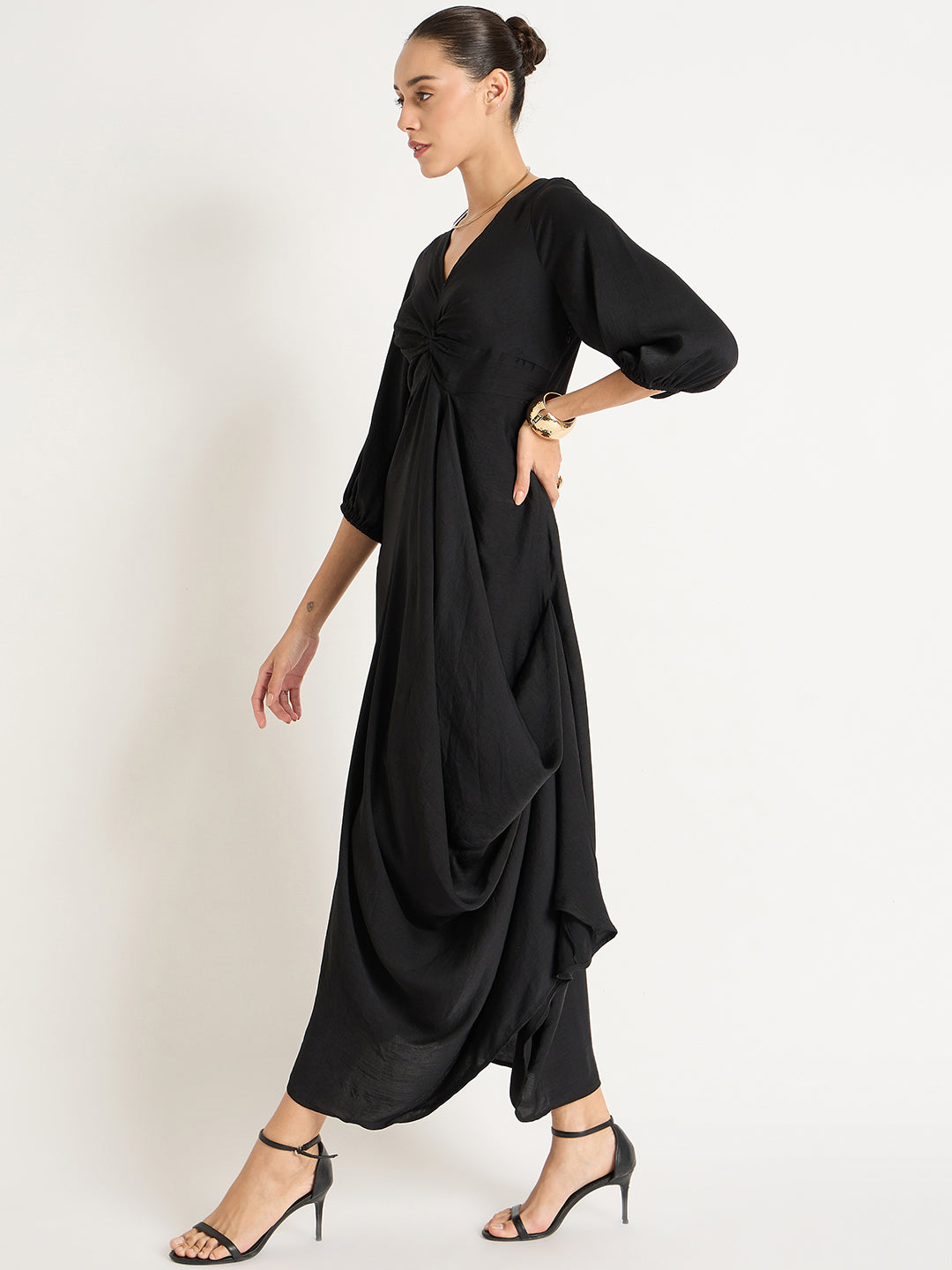 Black Satin Front Twisted Maxi Dress