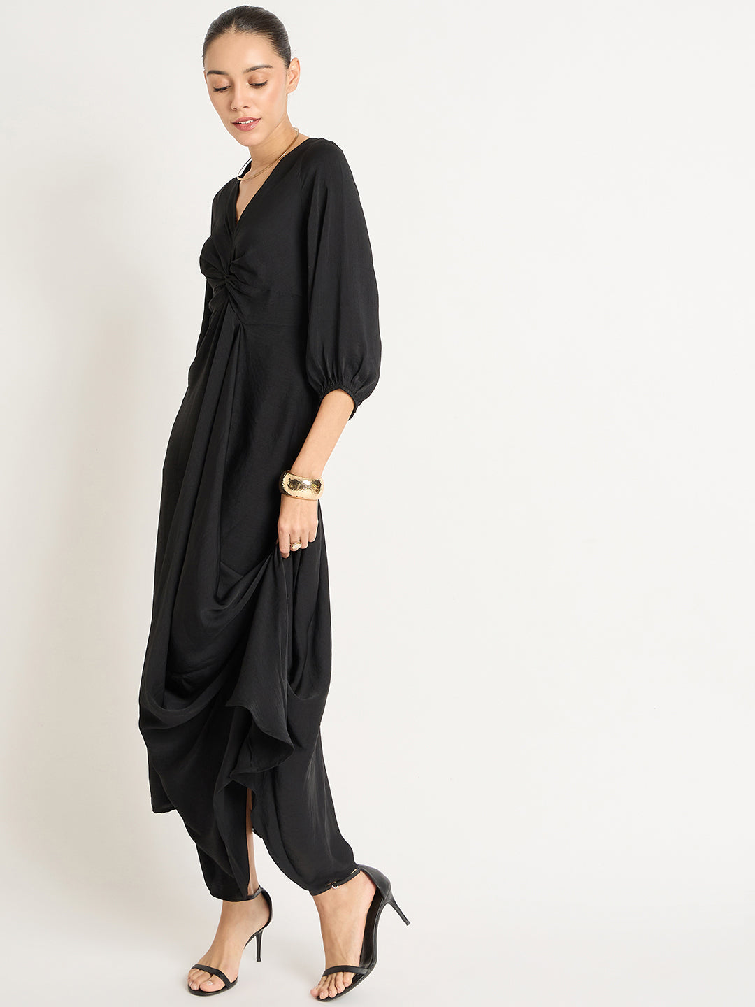 Black Satin Front Twisted Maxi Dress