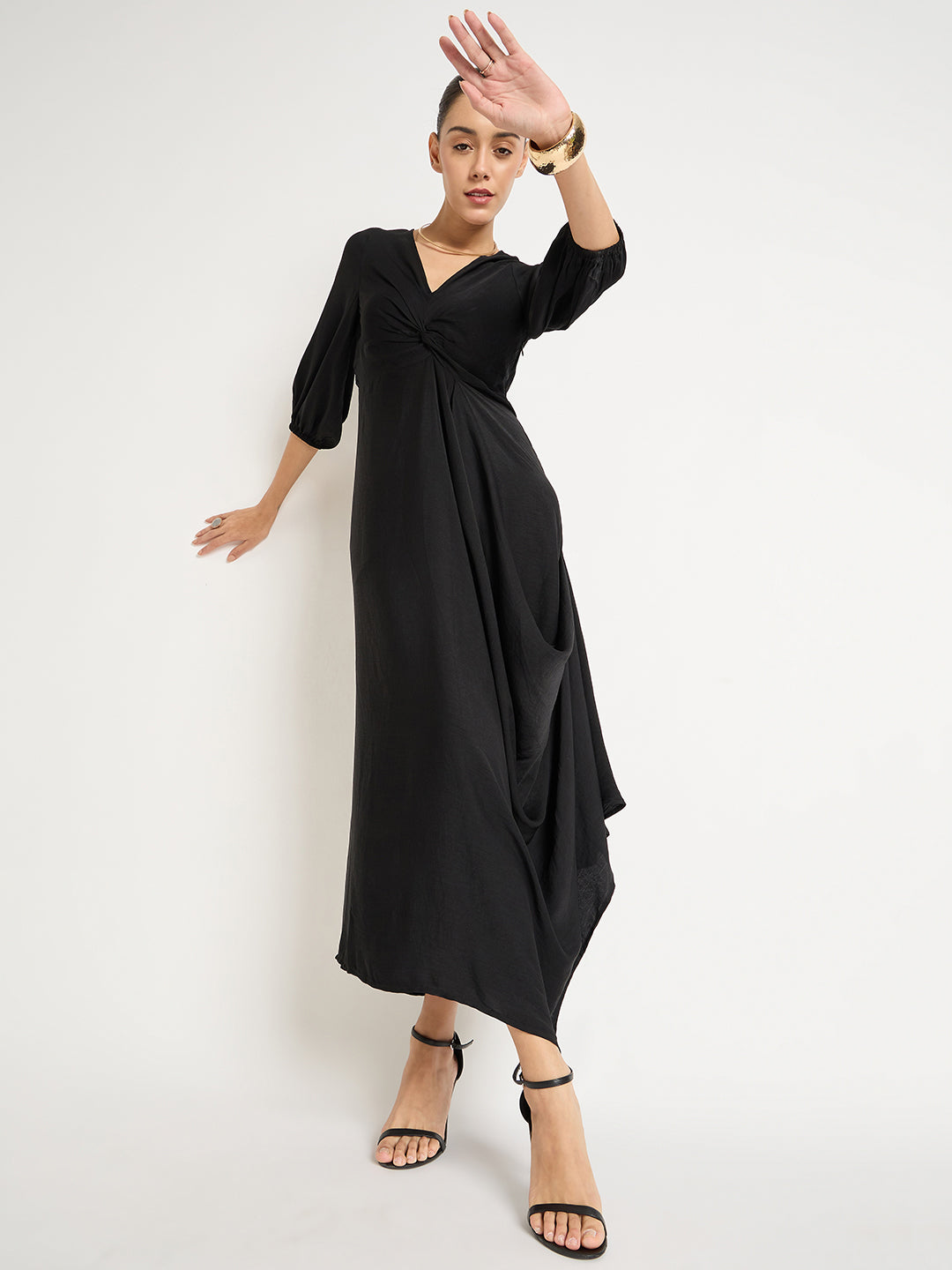 Black Satin Front Twisted Maxi Dress