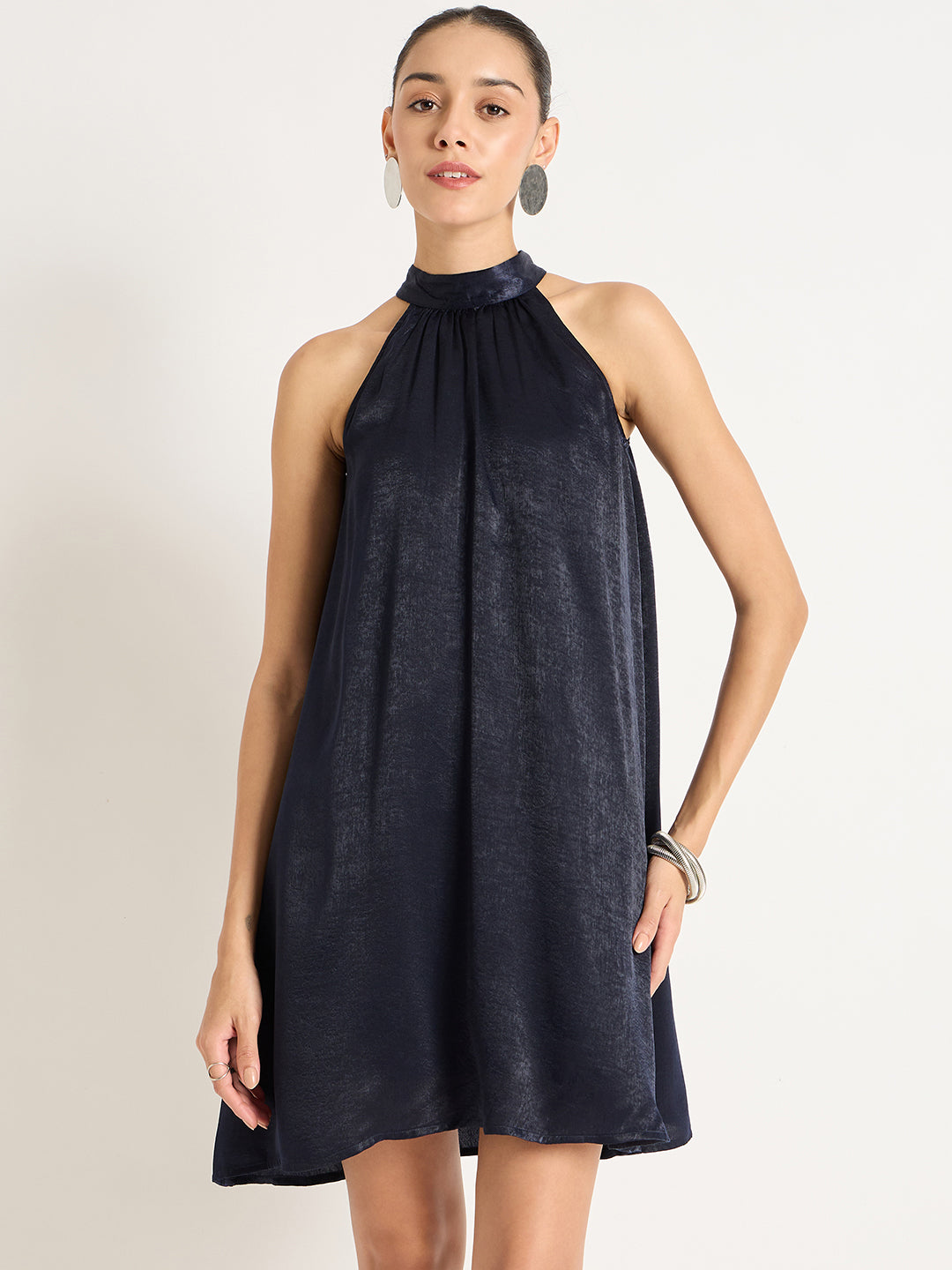 Navy Halter Satin Tie Up Detail Dress