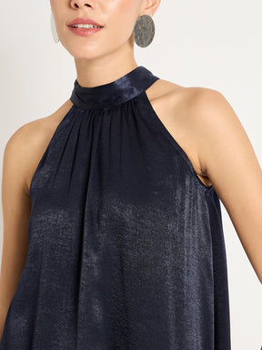 Navy Halter Satin Tie Up Detail Dress