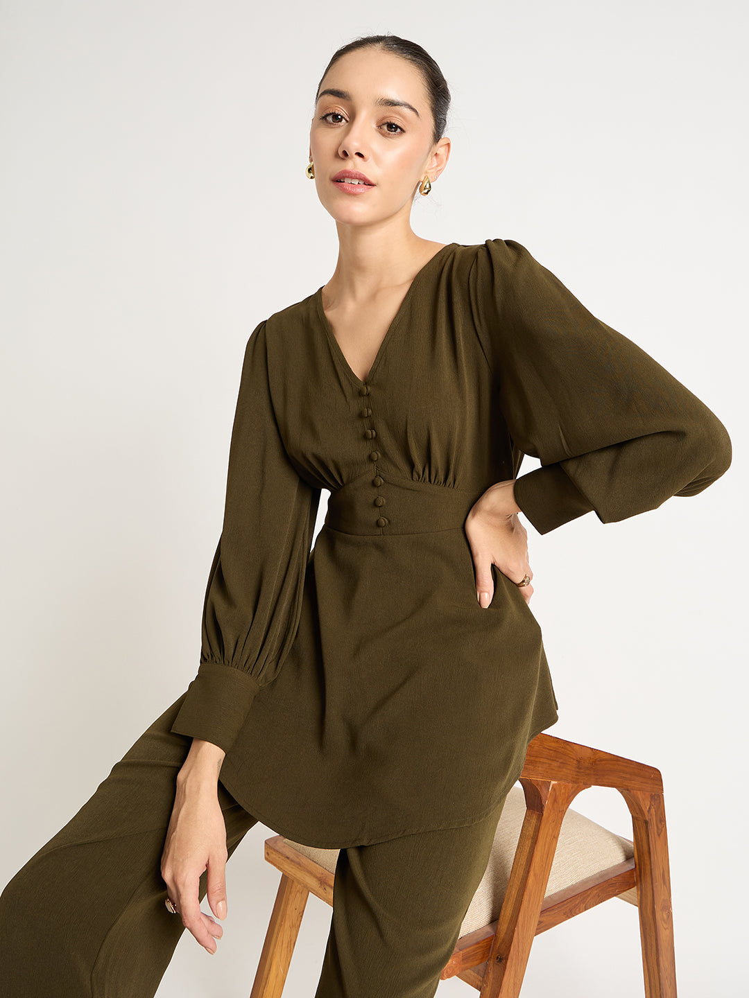 Olive Crinkle V-Neck Co-Ord Set