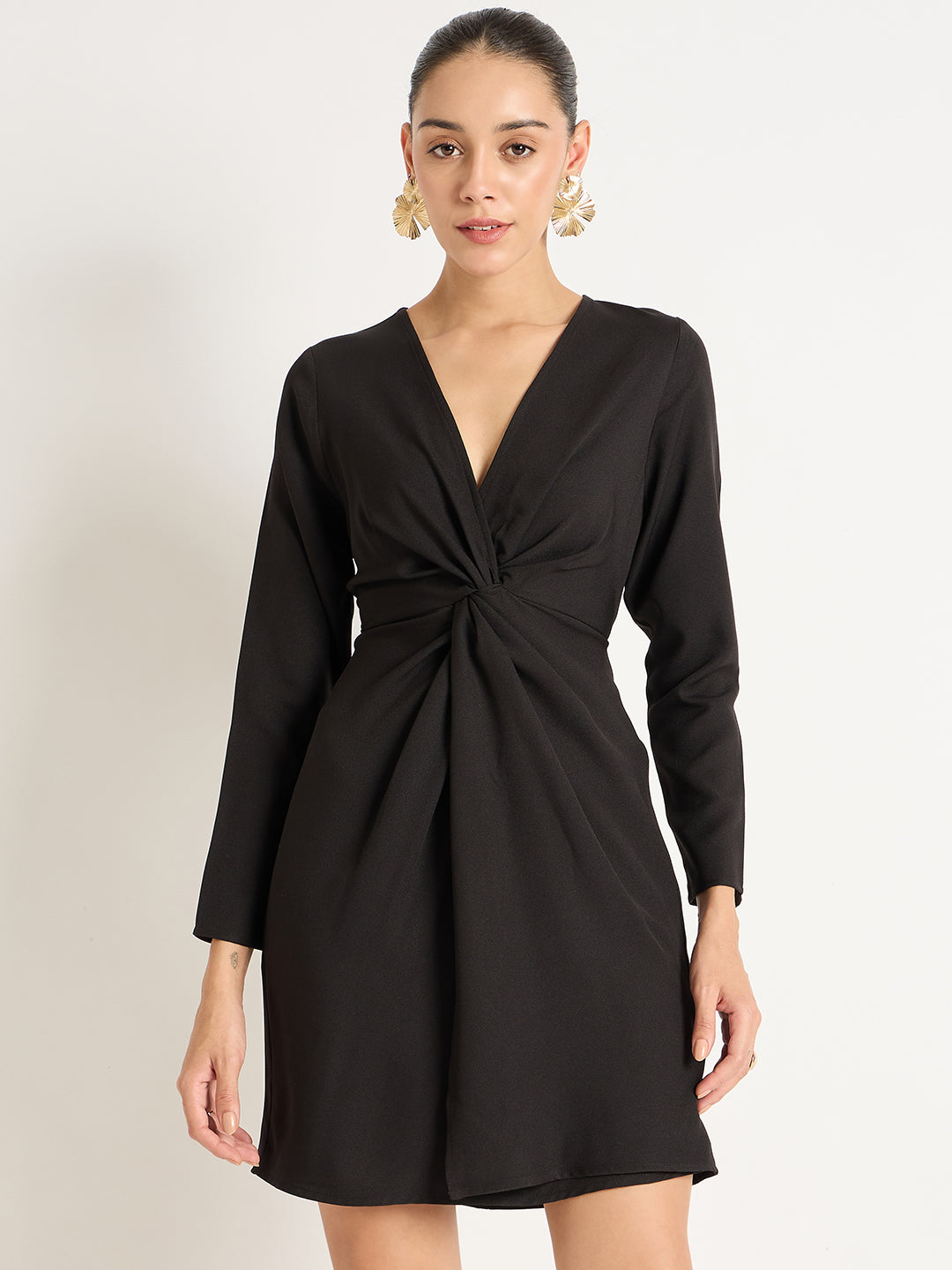 Black Front Twisted Knee Length Dress