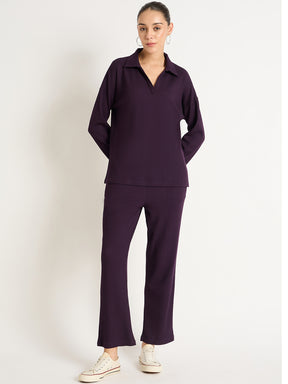 Deep Purple Waffle Knit Collar Detail Co-Ord Set