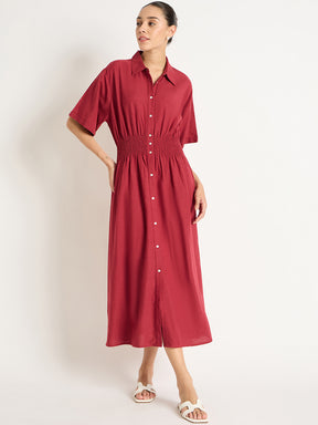 Cranberry Cinched Waist Button Down Shirt Dress