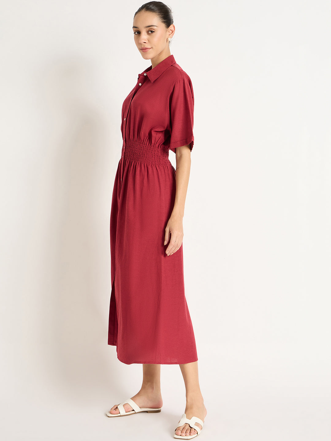 Cranberry Cinched Waist Button Down Shirt Dress