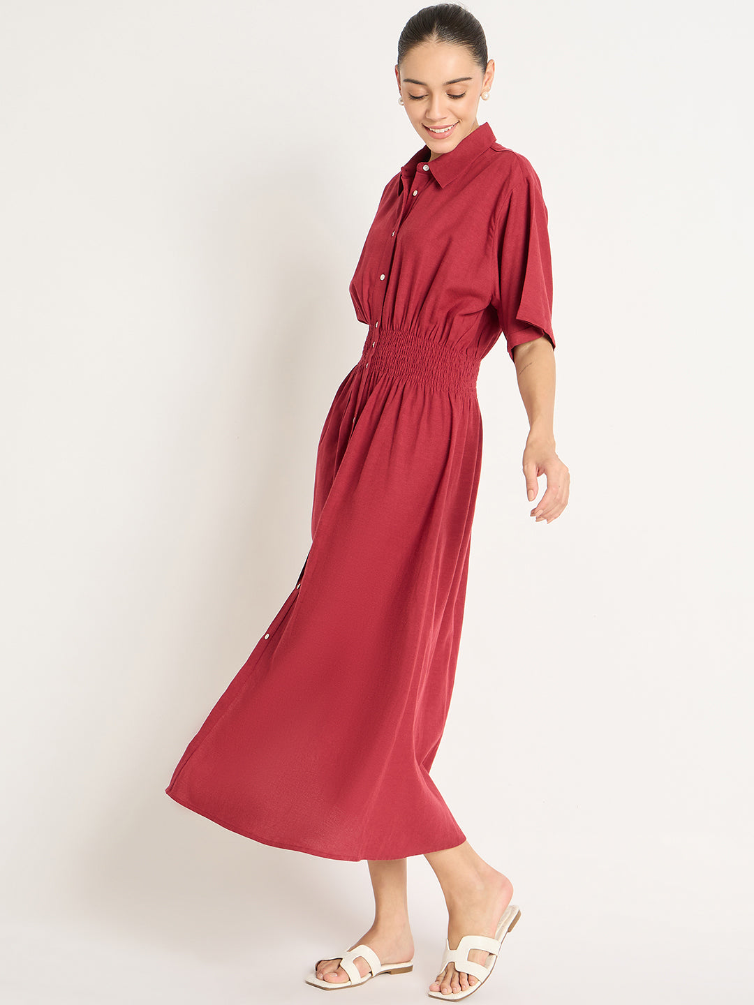 Cranberry Cinched Waist Button Down Shirt Dress