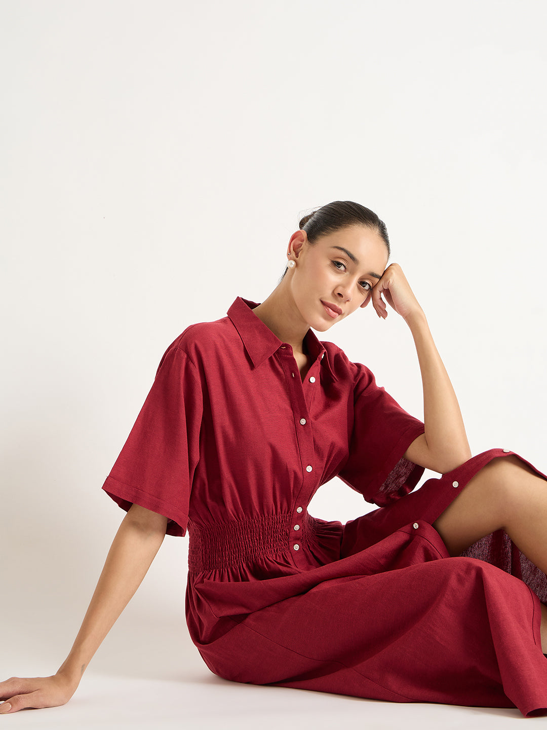 Cranberry Cinched Waist Button Down Shirt Dress