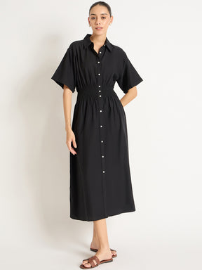 Black Cinched Waist Button Down Maxi Shirt Dress