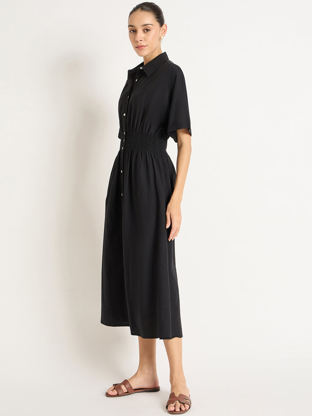 Black Cinched Waist Button Down Maxi Shirt Dress