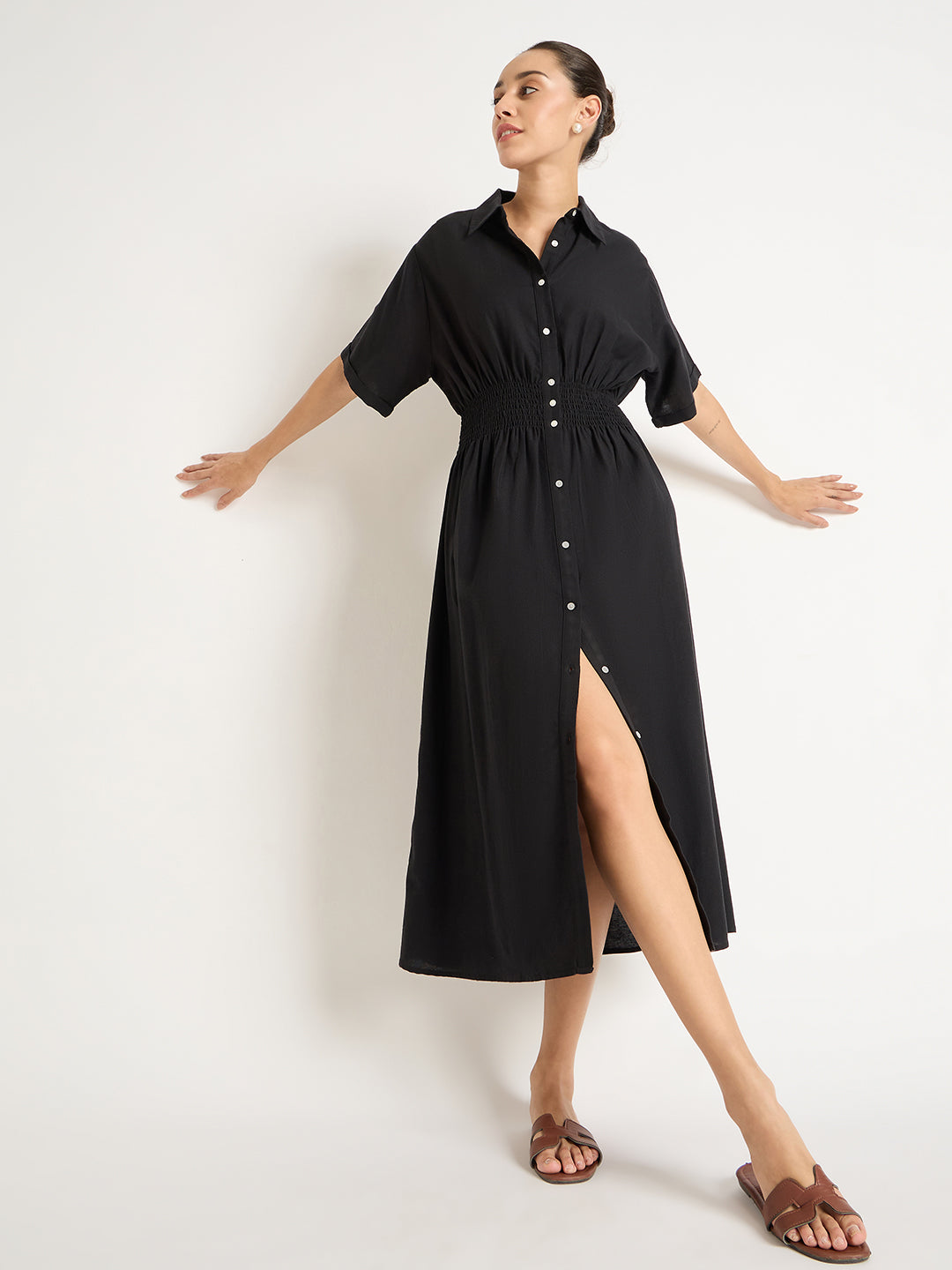 Black Cinched Waist Button Down Maxi Shirt Dress